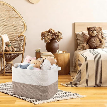 OIAHOMY Woven Storage Basket for Shelves, Rectangle Cotton Rope Baskets for Organizing, 16.5 x 13 x 11.8 in, Storage Bins for Dog Toys,Towel,Books,Gift,Brown and White
