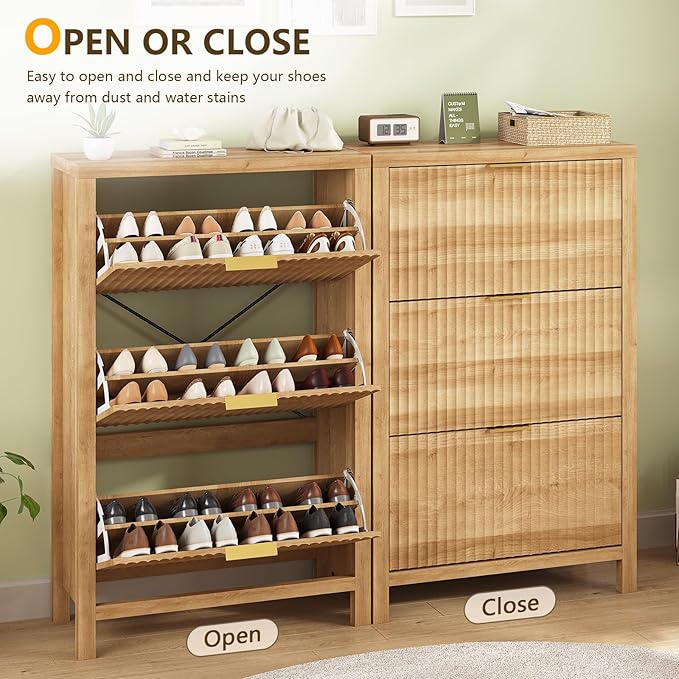 YOMILUVE Shoe Cabinet Storage for Entryway, Fluted Shoe Cabinet with 3 Flip Drawers, Hidden Shoe Rack Tall Freestanding Shoe Organizer with Legs for Hallway, Oak