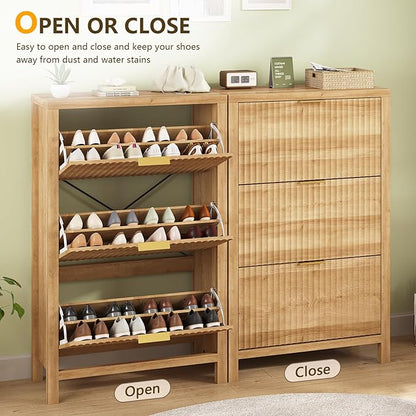 YOMILUVE Shoe Cabinet Storage for Entryway, Fluted Shoe Cabinet with 3 Flip Drawers, Hidden Shoe Rack Tall Freestanding Shoe Organizer with Legs for Hallway, Oak