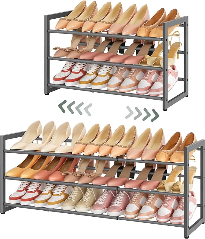 FAVOOSTY 3-Tier Expandable Shoe Rack, Adjustable Shoe Shelf Storage Organizer Space Saving Metal Free Standing Shoe Rack for Entryway Closet Doorway, Silver Grey