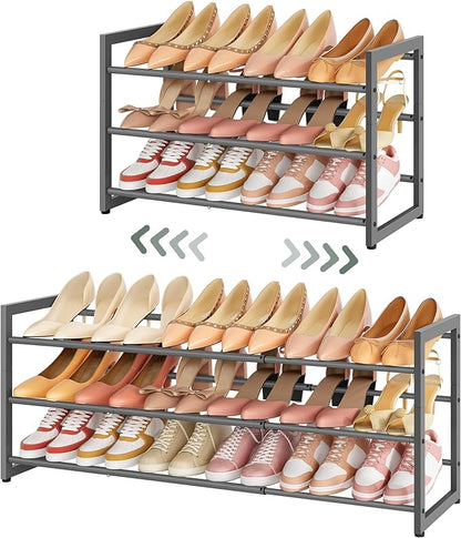 FAVOOSTY 3-Tier Expandable Shoe Rack, Adjustable Shoe Shelf Storage Organizer Space Saving Metal Free Standing Shoe Rack for Entryway Closet Doorway, Silver Grey