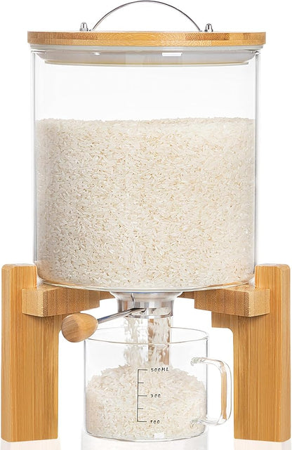 HBlife 8-10 Lbs Glass Rice Dispenser with Wooden Stand Flour and Cereal Container with Glass Measuring Cup Pantry Food Organization Storage Bin with Airtight Bamboo Lid, 5L