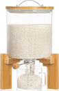 HBlife 8-10 Lbs Glass Rice Dispenser with Wooden Stand Flour and Cereal Container with Glass Measuring Cup Pantry Food Organization Storage Bin with Airtight Bamboo Lid, 5L