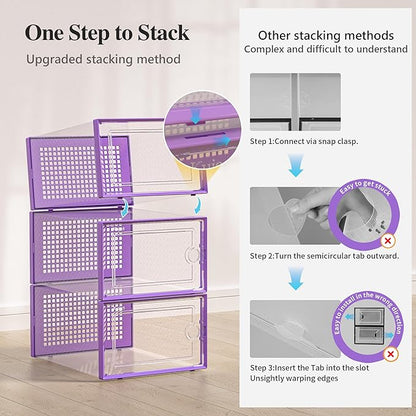 Kuject X-Large Shoe Storage Boxes Organizers Clear Plastic Stackable 12 Pack, Shoe Rack & Holder Substitute, Sneaker Containers, Toy Storage Organizer Bins for Entryway, Closet, Under Bed, Purple