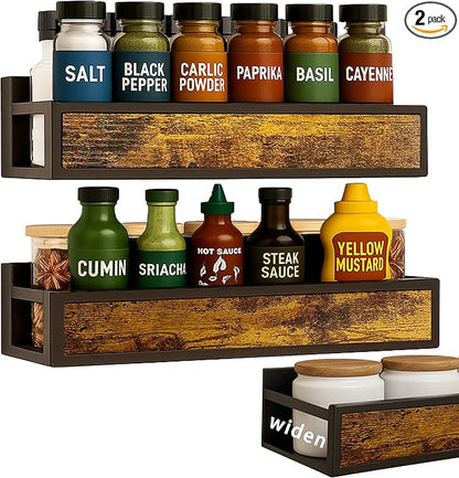 Wall Mount Spice Rack Large capacity Extra Wide,2 Pack Ironwood Spice Organizer shelf for Rustic, Industrial and Modern Kitchens,Quick Adhesive Strips and Screws for Mounting (Engineered Wood)