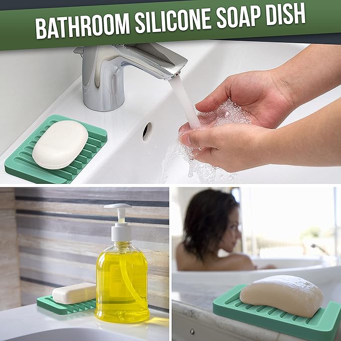 ZAPPOWARE 2-Pack Silicone Soap Dish with Drain - Bar Soap Holder (Light Green) for Shower & Bathroom Sink - Self Draining Waterfall Soap Saver Tray for Kitchen, Prevents Sticky Mess, Easy to Clean