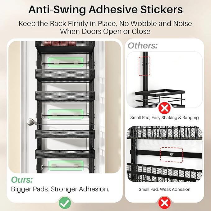 8 Tiers Over the Door Organizer - Height Adjustable Pantry Organizers and Storage with Dense Mesh Baskets, Anti-Swing Hanging Door Spice Rack for Kitchen Bathroom (Black, 12.3"W x 4.7"D x 69"H)