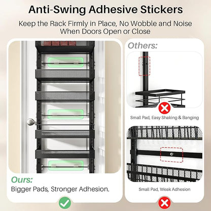 8 Tiers Over the Door Organizer - Height Adjustable Pantry Organizers and Storage with Dense Mesh Baskets, Anti-Swing Hanging Door Spice Rack for Kitchen Bathroom (Black, 12.3"W x 4.7"D x 69"H)