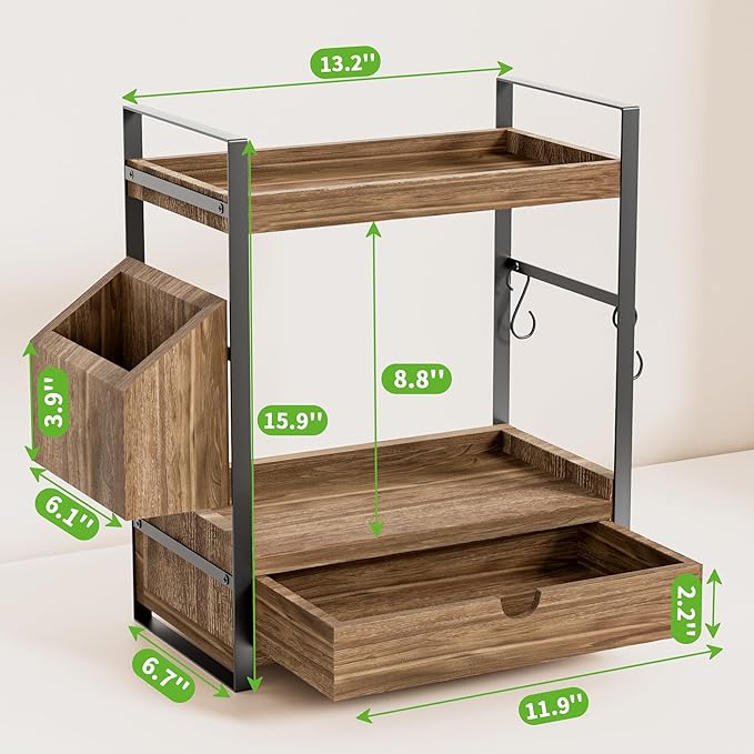 Kottwca 2-Tier Bathroom Counter Organizer with Drawer, Basket & Hooks, Wooden Vanity Shelf for Skincare, Perfume & Makeup Storage(Dark Brown)