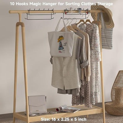Space Saving Hangers for Clothes: 2 Pack 16 Inch 10 Hooks Magic Hanger Closet Organizer Metal Heavy Duty Hangers for Shirt Coat Pants Skirt Sorting Storage - Black