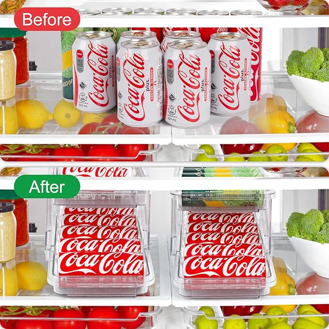 CECOLIC 2 Pack Drink Organizer for Refrigerator, Soda Can Dispenser, Adjustable Width Canned Food Pop Cans Container Beverage Holder for Fridge Organizing, Clear Plastic Storage Bins
