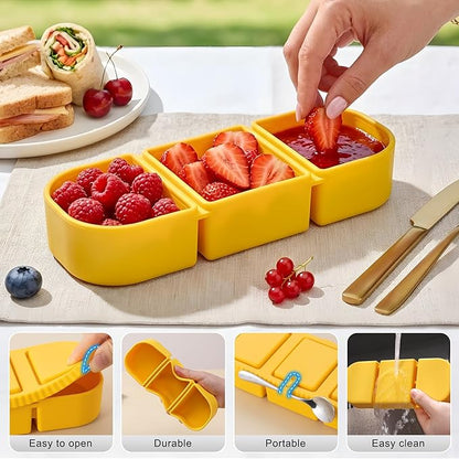 Silicone Reusable Snack Containers with Lids, 4 Pack 3 Compartment Bento Snack Boxes, Leakproof Food Storage Containers for Meal Prep, Lunch, Fruits, Kids & Adults, Dishwasher Safe