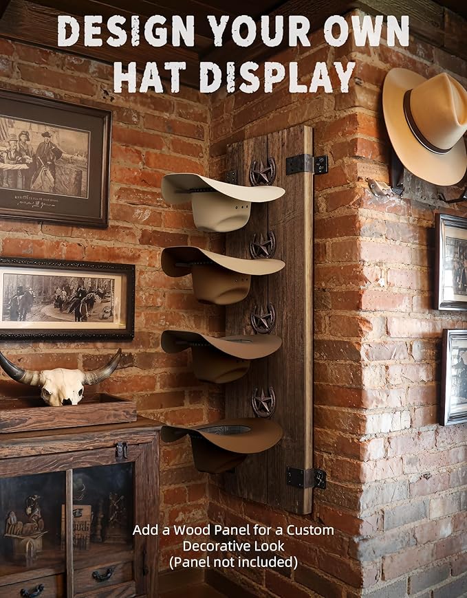 Cowboy Hat Holder Wall Mount, Metal Western Hat Rack for Wall, 4 Pack Cowboy Hat Hanger for Wide Brim Hats Fedora, Rustic Horseshoe Organizer for Closet Entryway Horse Trailer, Western Decor, Bronze