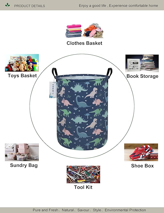 Round Waterproof Laundry Basket,Foldable Storage Basket,Laundry Hampers with Handle,Gift Basket,Suitable for Children's Room and Toy Storage (Blue Dinosaur)