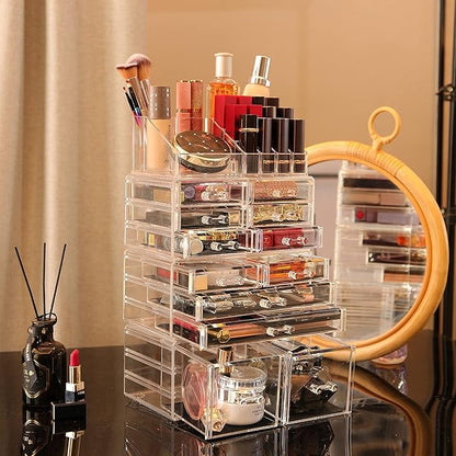 Cq acrylic 4 Pack Clear Makeup Organizer Countertop,Stackable 12 Drawers Skincare Organizer,Cute Skin Care Organizer for Vanity Hair Clip,Jewelry,Beauty Product Desk and Make Up Organizers for Vanity