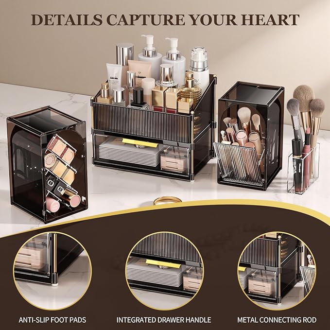 INVSSENE Stackable Makeup Organizer Countertop, Storage Perfume Skincare Cosmetic Lipstick Face Mask Makeup Brush Palettes, Ideal for Vanity Bathroom Counter