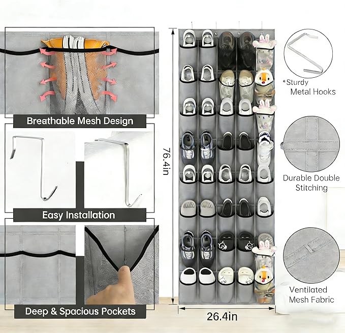 Over the Door Shoe Organizer, 40 Large Mesh Pockets Hanging Shoe Rack for Door, Space Saving Shoe Storage Organizer for Closet, Bedroom, Entryway, Gray