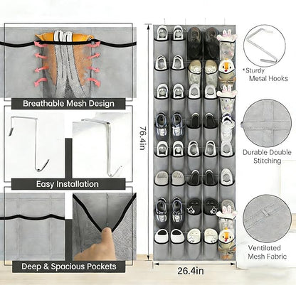 Over the Door Shoe Organizer, 40 Large Mesh Pockets Hanging Shoe Rack for Door, Space Saving Shoe Storage Organizer for Closet, Bedroom, Entryway, Gray