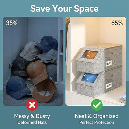 Stackable Hat Storage Organizer – 2-Pack Clear Window Cap Box, Holds 24 Baseball Caps, Snapbacks & Beanies, Grey Fabric