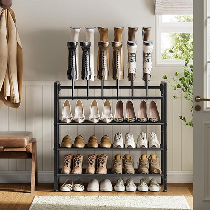 Free Standing Shoe Racks, 5-Tier Boot Rack Organizer for Tall Boots, Sneakers, High-Heel, Black Metal Shoe Storage for Dorm Room, Closet, Entryway, Hallway, Black, Holds 6 Pairs