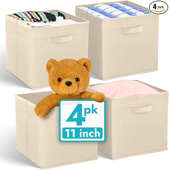 Reli. 11 Inch Cube Storage Bins (4 Pack) | Cube Organizer Bins | 11x11 Fabric Storage Boxes | Collapsible, Foldable Fabric Cubby Box (Square) | Kids Room Organization (Beige)