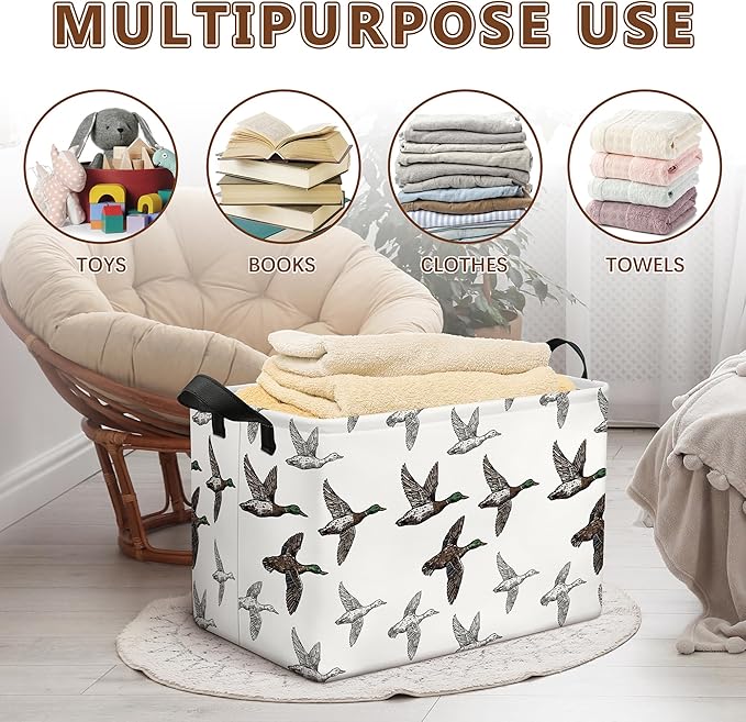 Mallard Duck Storage Basket, Collapsible Waterproof Canvas Organizer Bin, Funny Rectangular Kids Toys Storage Box Cute Mallard Duck Decor, Shelf Baskets for Closet Bedroom Office Dorm (Brown)