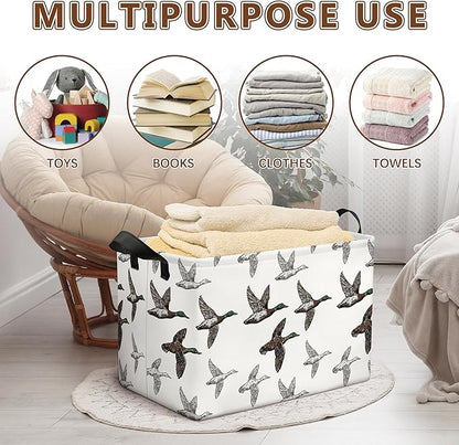 Mallard Duck Storage Basket, Collapsible Waterproof Canvas Organizer Bin, Funny Rectangular Kids Toys Storage Box Cute Mallard Duck Decor, Shelf Baskets for Closet Bedroom Office Dorm (Brown)