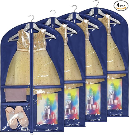 Univivi Kids Garment Bags for Dance Costumes 40 Inch Hanging Dance Costume Bag for Dance Competitions, with 3 Medium Clear Zipper Pockets for Dance Costumes, Closet Storage (Navy Blue) - 4 Pack