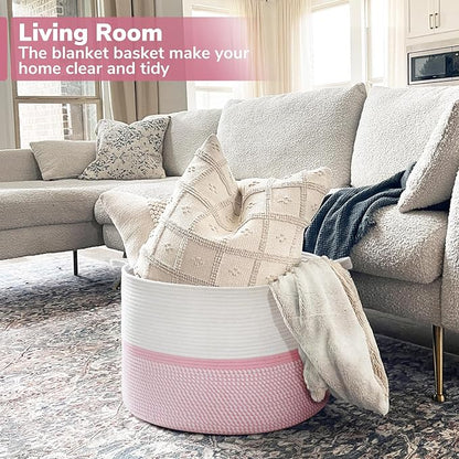 CHICVITA Extra Large Cotton Rope Woven Basket, XXL Throw Blanket Storage Basket with Handles, Pink Decorative Clothes Hamper Laundry Hamper - 22" x 22" x 14"