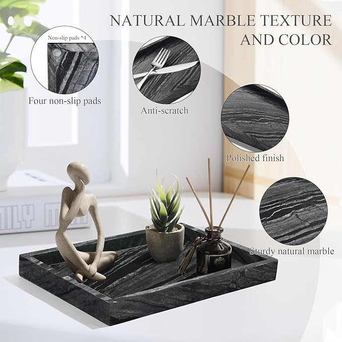 YMXYJM Natural Marble Tray for Bathroom, Genuine Ancient Wood Grain Marble Vanity Tray, Luxury Stone Trays for Dresser, Home Decor, Kitchen, Non-Resin/Non-Ceramic, 12"x 8", Ancient Wood Grain