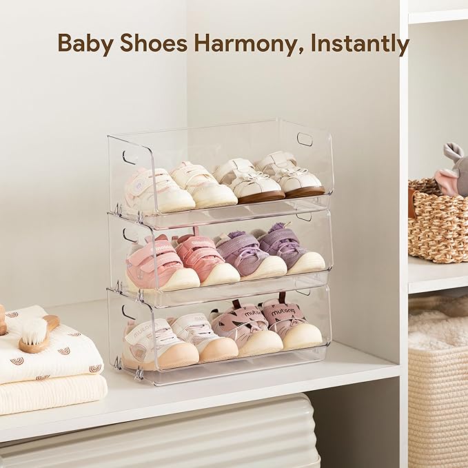 HBlife Clear Acrylic Kids Shoe Rack Baby Toddler Shoe Storage Organizer for Closet Floor Entryway Bedroom, 3 Tier Stackable Small Shoe Rack Shelf Display Stand
