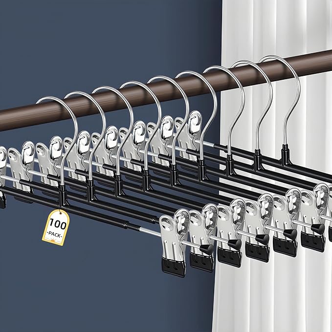100PACK Pants Hangers with Clips Adjustable Skirt Hangers for Women Black Metal Non-Slip Trousers Hanger Heavy Duty Space Saving Clothes Hangers for Shorts,Jeans,12Inch