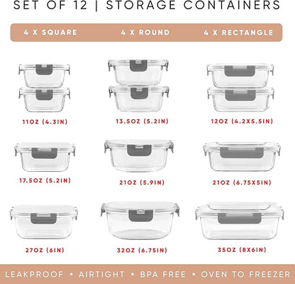 JoyJolt 24pc Borosilicate Glass Storage Containers with Lids | 12 Airtight/Freezer Safe Food Storage Containers for Pantry and Kitchen | Meal Prep Container for Lunch | Glass Tupperware Set
