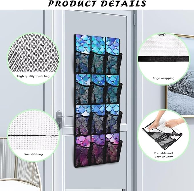 Over the Door Organizer with 12 Mesh Pockets, Space Saving Hanging Storage for Bedroom, Bathroom, Pantry, Clear View Window & Reinforced Mesh Pockets,Fish Scale