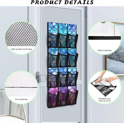 Over the Door Organizer with 12 Mesh Pockets, Space Saving Hanging Storage for Bedroom, Bathroom, Pantry, Clear View Window & Reinforced Mesh Pockets,Fish Scale