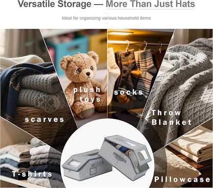 2 Pack Hat Boxes for Women and Men Storage,Fitted Perfect Curve Hats Organizers for Baseball Caps,Hat Holders for Closet,Stackable Hard Hat Travel Cases with Lids,Each for 12 Hats (Grey 2pcs)