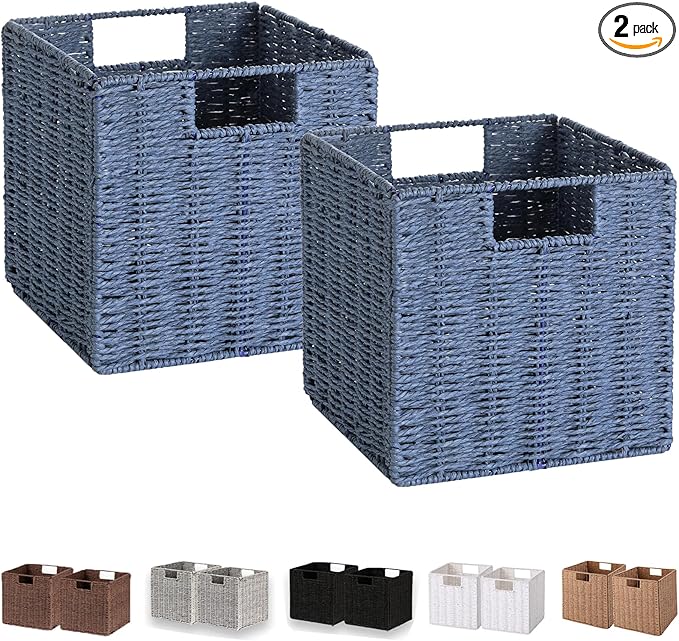 Vagusicc Wicker Basket, Set of 2 Hand-Woven Paper Rope Storage Baskets for Organizing, Foldable Cubby Storage Bins, 9 Inch Small Wicker Storage Basket, Square Baskets Cube Storage Organizer Bins, Blue