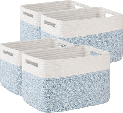 OIAHOMY 4 Pack Storage Baskets for Organizing, Basket for Shelves with Handle, Woven Baskets for Storage Toys, Towels, Books, Cotton Rope Basket 13" L x 9 " W x 7.8 " H, Light Blue & White