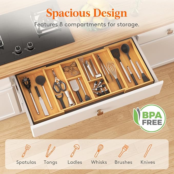 Lifewit Expandable Utensil Organizer for Kitchen Drawer, Adjustable Cooking Silverware Tray, Plastic Cutlery Flatware Holder, Spatula Tools Gadgets Storage Divider, 21- 36 x 16, Bamboo, Natural