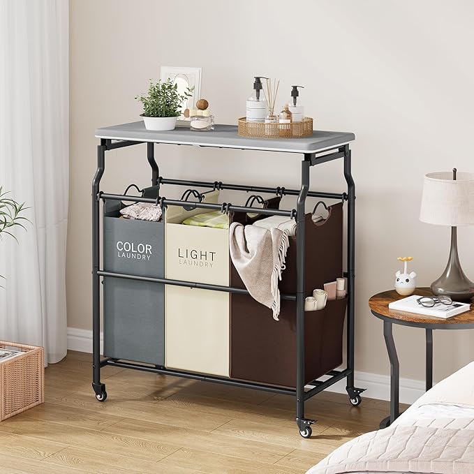 Hoctieon 3 Section Laundry Sorter Cart with Ironing Board, Laundry Hamper Basket with Shelf and Wheels, Heavy Duty Clothes Organizer, Large Clothes Separator with Removable Bags, Brown+Gray+Beige
