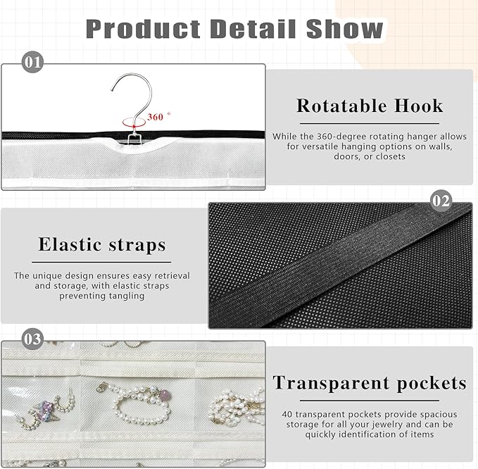 Hanging Jewelry Organizer Storage, 40 Pockets 36 Hooks Necklace Earring Bracelet Ring Organizer, Double - Sided Design, Black and White