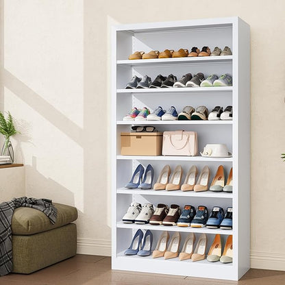 Tall Shoe Cabinet, 7 Tiers 30-35 Pairs Heavy Duty Metal Freestanding Shoe Rack, Vertical Shoe Storage Organizer with Adjustable Shelves, Shoe Shelf for Entryway, Bedroom (White, 55" H)