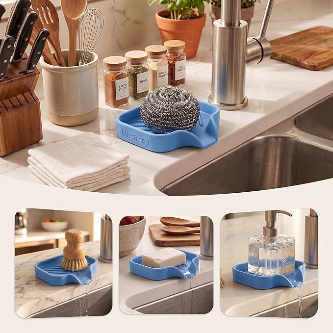 MicoYang Silicone Bathroom Soap Dishes with Drain Spout-Bathroom and Kitchen Sink Organizer,Sponge Holder,Dish Soap Tray,Perfect for Dispenser,Scrubber,Bottle,Cup on Counter Lichen Blue 4.9"×3.2"