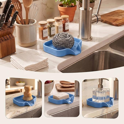 MicoYang Silicone Bathroom Soap Dishes with Drain Spout-Bathroom and Kitchen Sink Organizer,Sponge Holder,Dish Soap Tray,Perfect for Dispenser,Scrubber,Bottle,Cup on Counter Lichen Blue 4.9"×3.2"