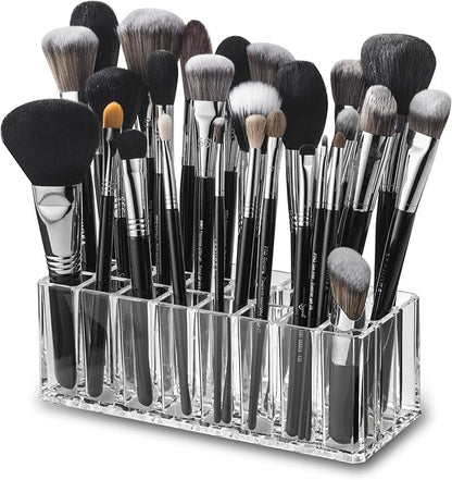 (Set Of 2) Acrylic Makeup Brush Organizer 24 Space Storage w/Deep Slots For Cosmetic Beauty Brushes Refillable Container - Clear