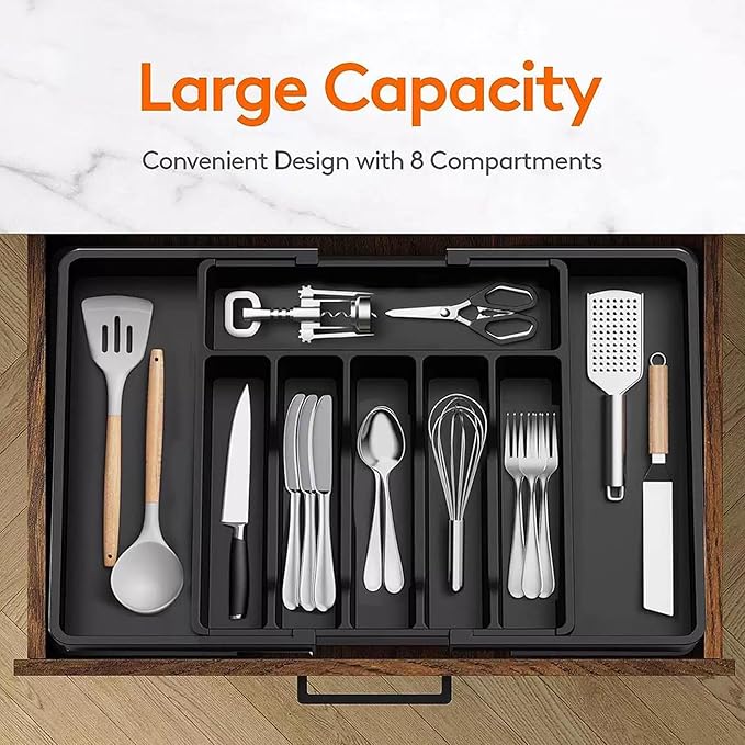 Expandable Silverware Drawer Organizer - BPA Free Flatware and Cutlery Holder, Adjustable Large Plastic Storage Tray for Kitchen Spoons Forks Knives, Black