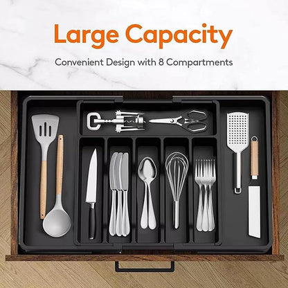 Expandable Silverware Drawer Organizer - BPA Free Flatware and Cutlery Holder, Adjustable Large Plastic Storage Tray for Kitchen Spoons Forks Knives, Black