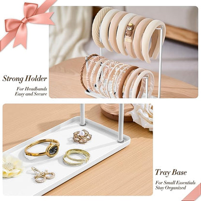 Headband Holder Organizer Metal 2-Tier with Tray: Hair Accessories Display Stand Storage Hairband Rack Necklace Stand Home Bedroom for Girls Women, White