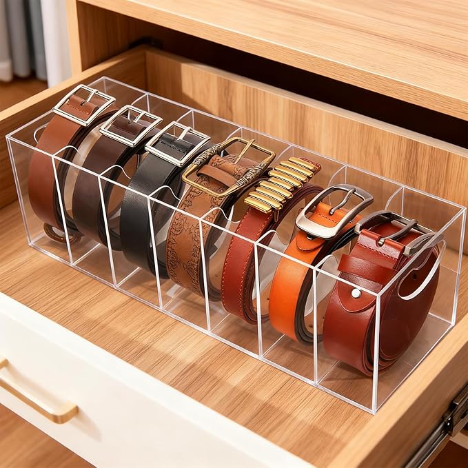 Meaocer Belt Organizer - 7 Compartment Acrylic Belt Display Case for Closet Ties and Bow Ties
