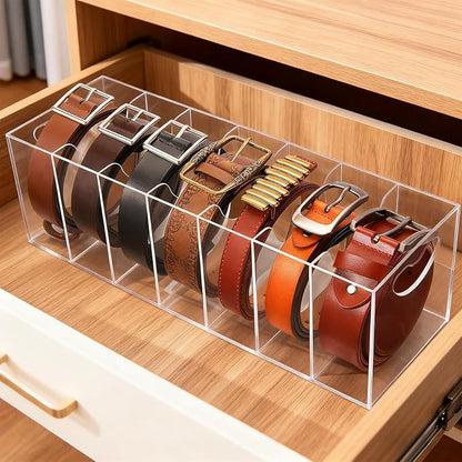 Meaocer Belt Organizer - 7 Compartment Acrylic Belt Display Case for Closet Ties and Bow Ties
